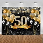 50th Birthday Backdrop Black and Gold Birthday Party Decorations Balloons Photography Background for Women Men Happy Fabulous 50 Bday Supplies Fifty Years Old Photo Booth Banner